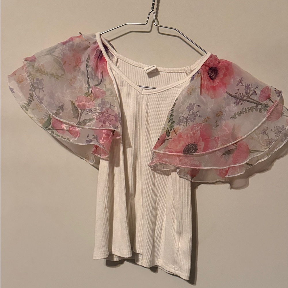 SHEIN White Top with Floral Sheer Sleeves